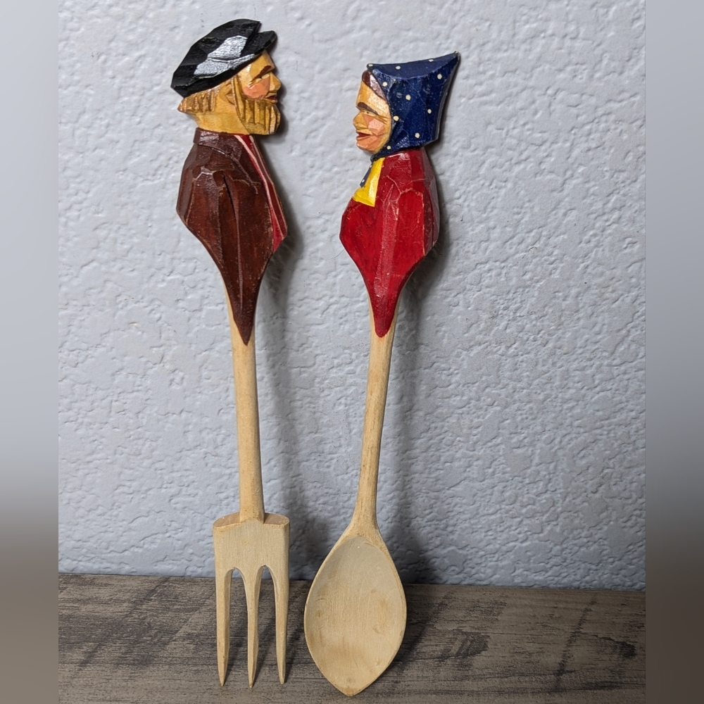 Folk Art Wooden Carved Spoon And Fork Couple. R Audet